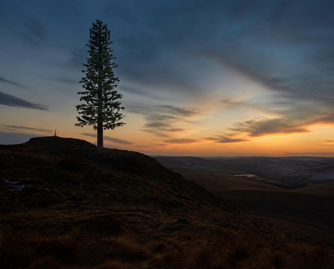 A tower on a ridgeline above open country